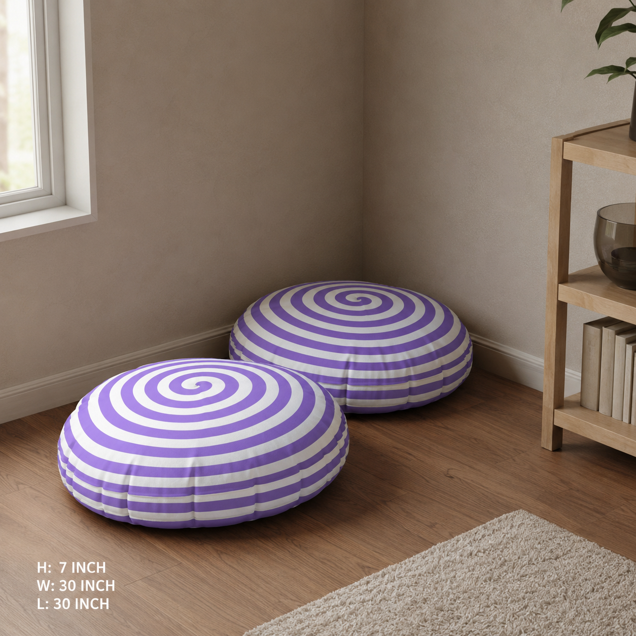 Purple Spiral Round Tufted Floor Pillow - Psychedelic Accent Cushion for Living Room & Kids