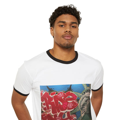 Retro Graffiti Statue of Liberty Ringer Tee