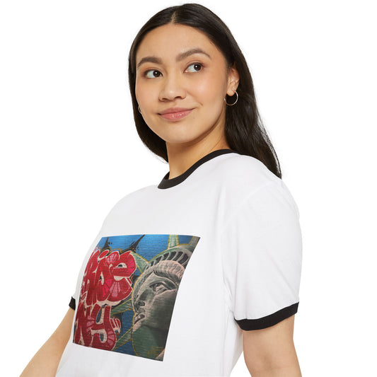 Retro Graffiti Statue of Liberty Ringer Tee