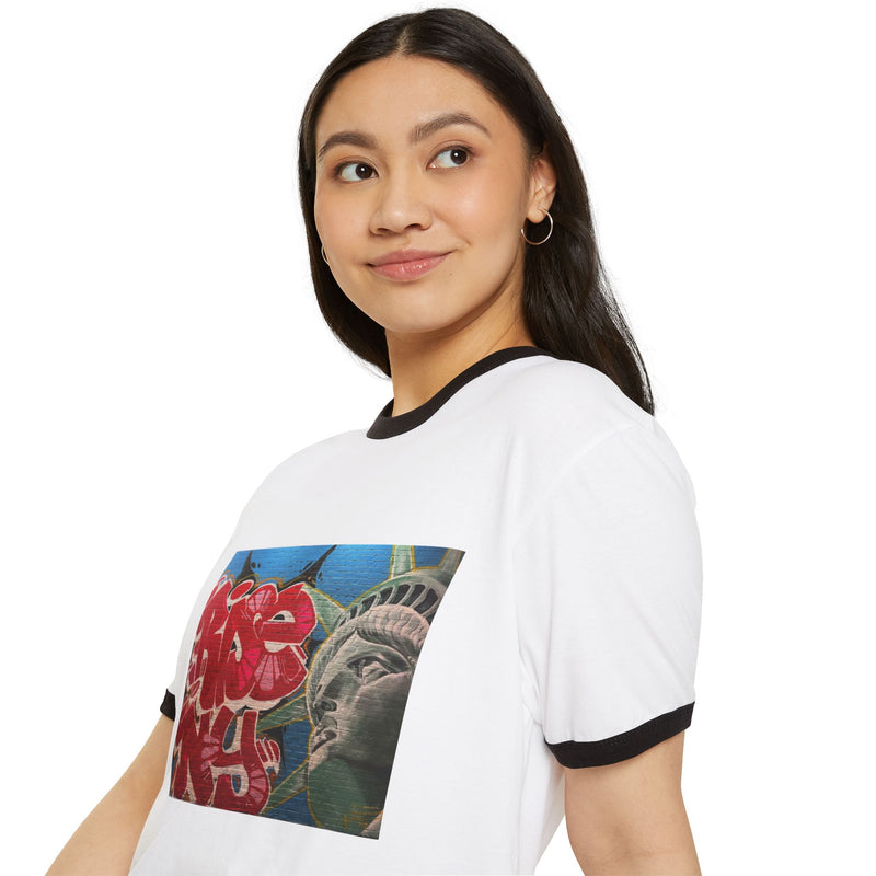 Retro Graffiti Statue of Liberty Ringer Tee