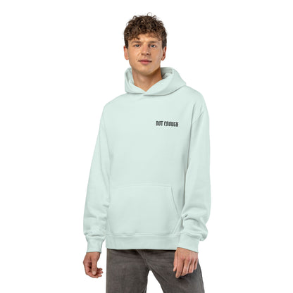 Not Enough Hoodie — Minimalist White Relaxed Hoodie with Small Chest Text