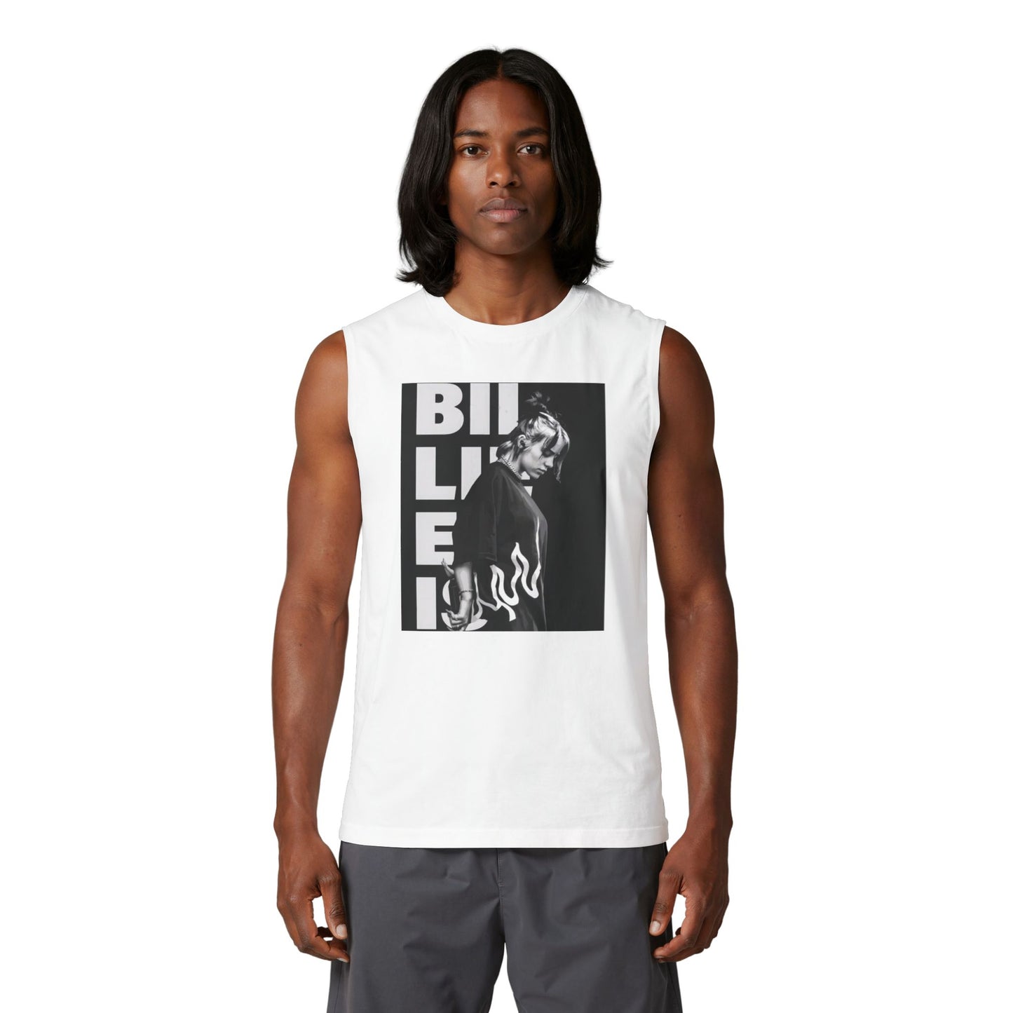 Billy Eilish Graphic Muscle Tank — Black & White Portrait with Flame Accent
