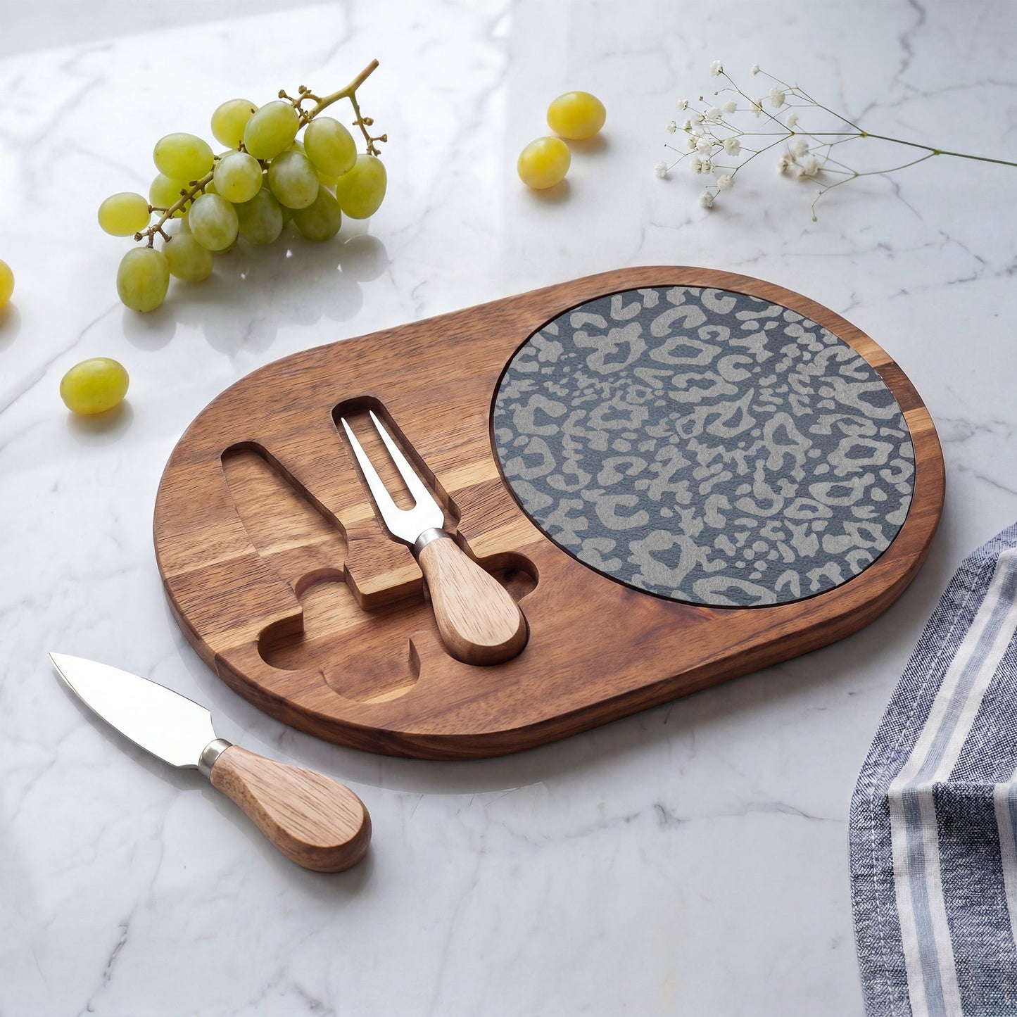 Engraved Leopard Slate Charcuterie Board with Cheese Knife Set