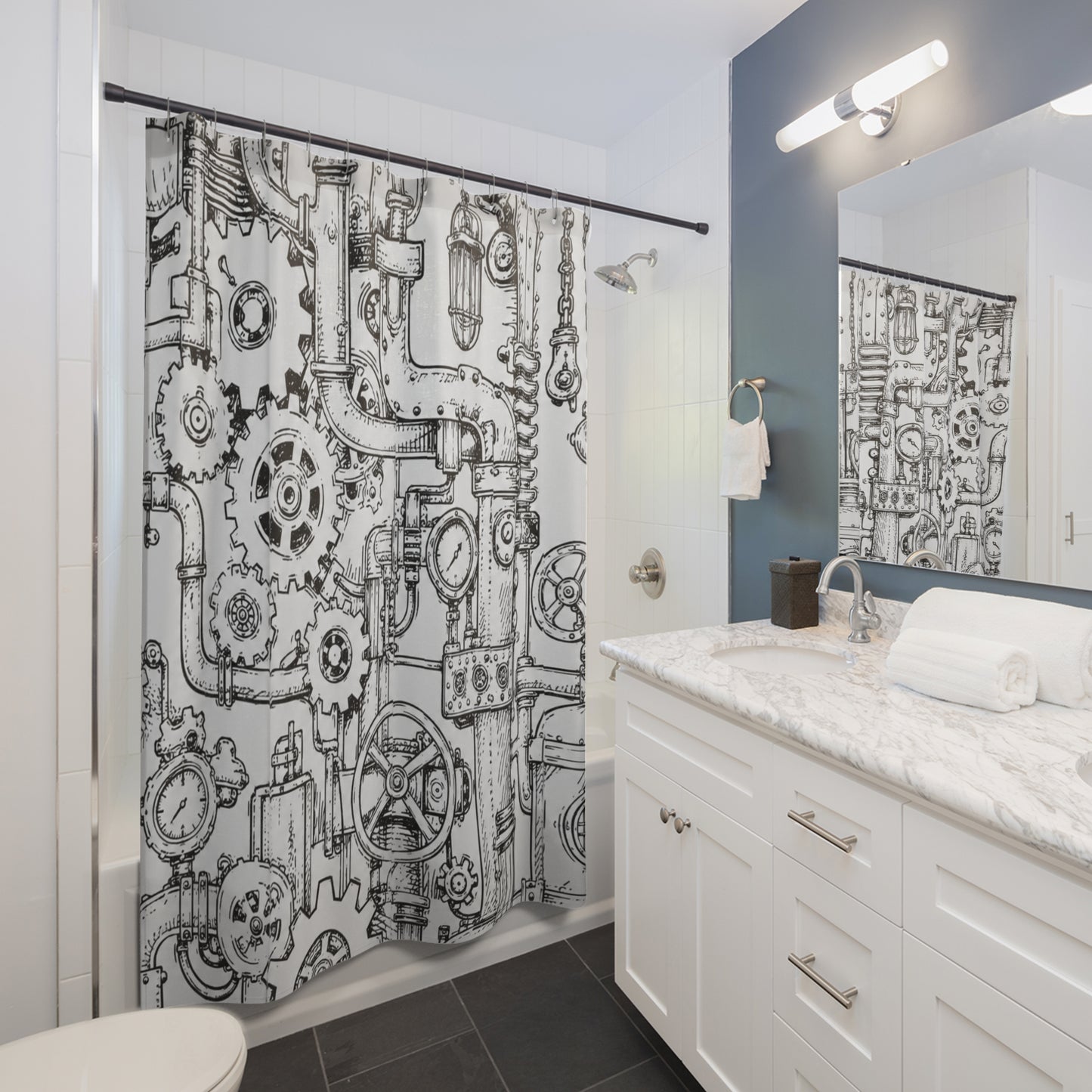 Steampunk Industrial Gear Shower Curtain — Hand-Drawn Pipes & Cogs Bath Décor