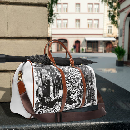 Waterproof Travel Bag — Artistic Vintage Illustration & Abstract Print Duffle