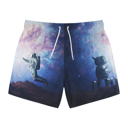 Cosmic Astronaut & Robot Swim Trunks — Space Galaxy All-Over Print