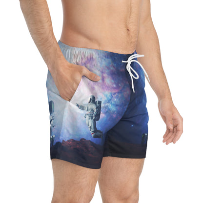 Cosmic Astronaut & Robot Swim Trunks — Space Galaxy All-Over Print
