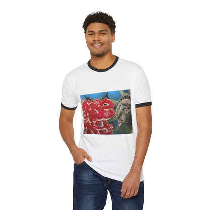Retro Graffiti Statue of Liberty Ringer Tee