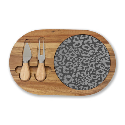 Engraved Leopard Slate Charcuterie Board with Cheese Knife Set