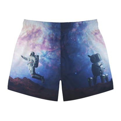 Cosmic Astronaut & Robot Swim Trunks — Space Galaxy All-Over Print