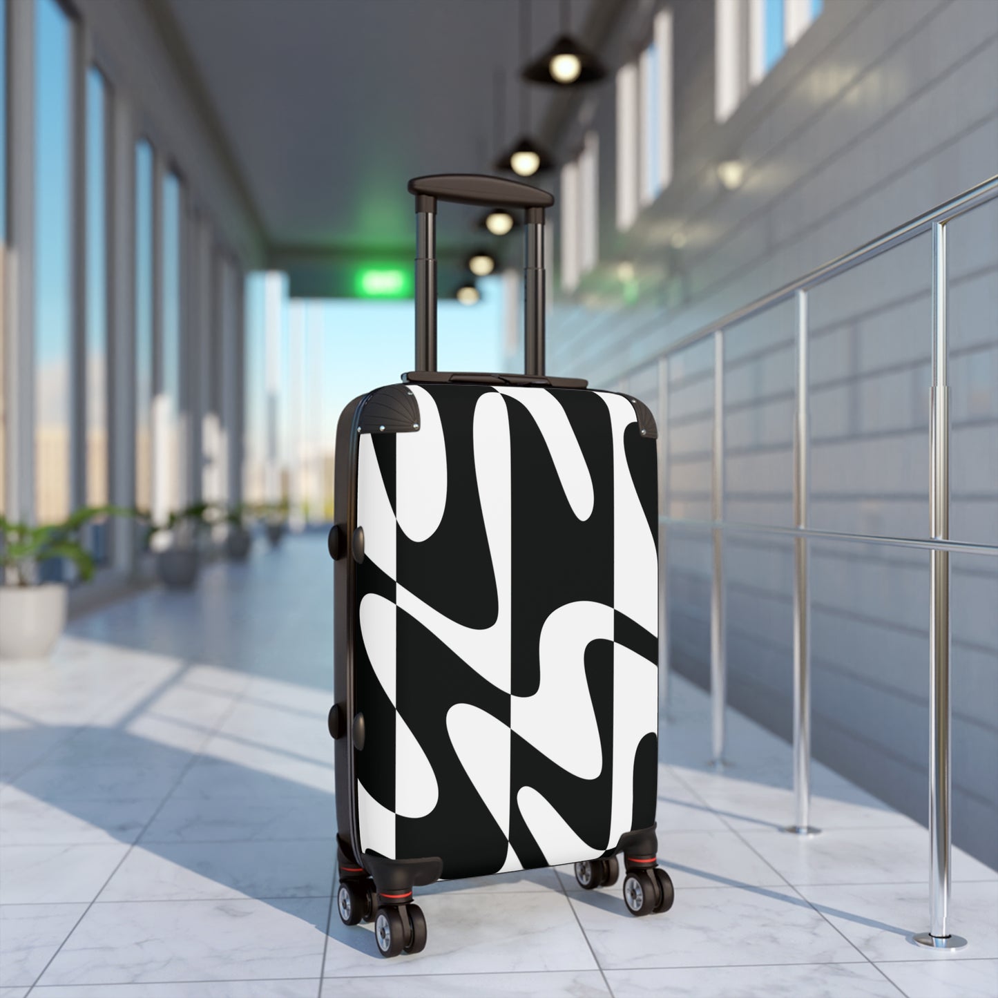 Wavy Black & White Carry-On Suitcase — Modern Abstract Travel Luggage