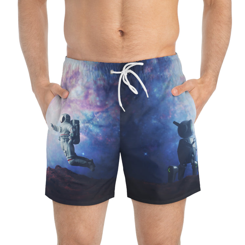 Cosmic Astronaut & Robot Swim Trunks — Space Galaxy All-Over Print