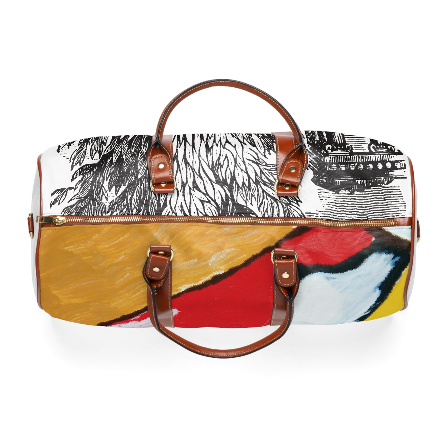 Waterproof Travel Bag — Artistic Vintage Illustration & Abstract Print Duffle