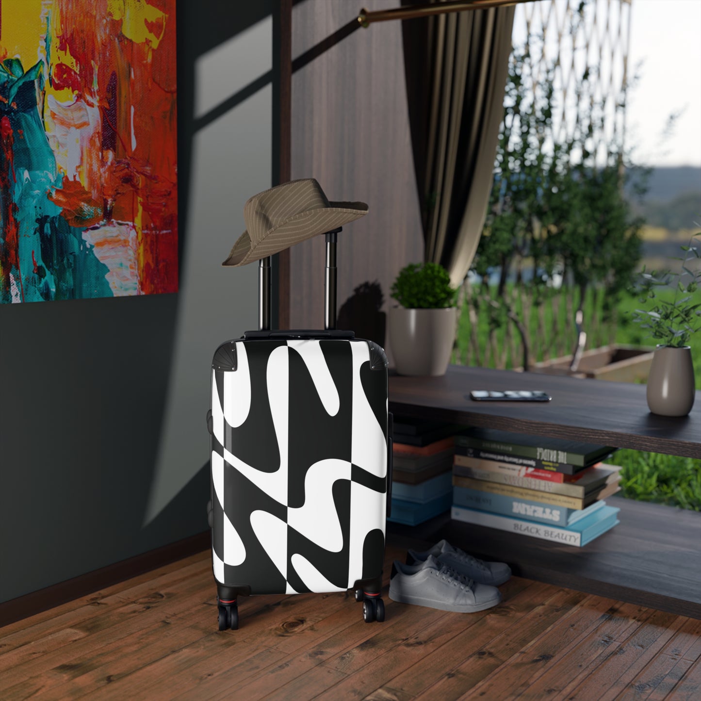 Wavy Black & White Carry-On Suitcase — Modern Abstract Travel Luggage