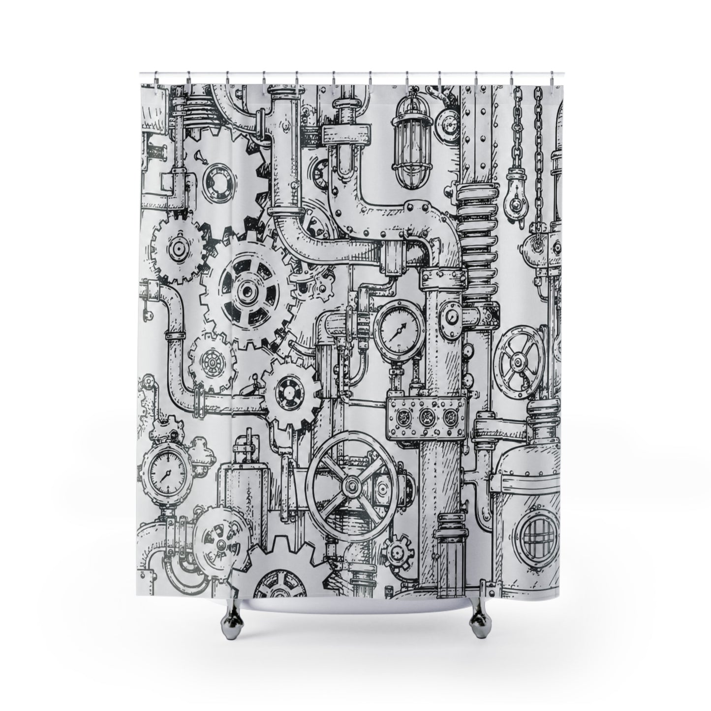 Steampunk Industrial Gear Shower Curtain — Hand-Drawn Pipes & Cogs Bath Décor