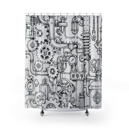 Steampunk Industrial Gear Shower Curtain — Hand-Drawn Pipes & Cogs Bath Décor