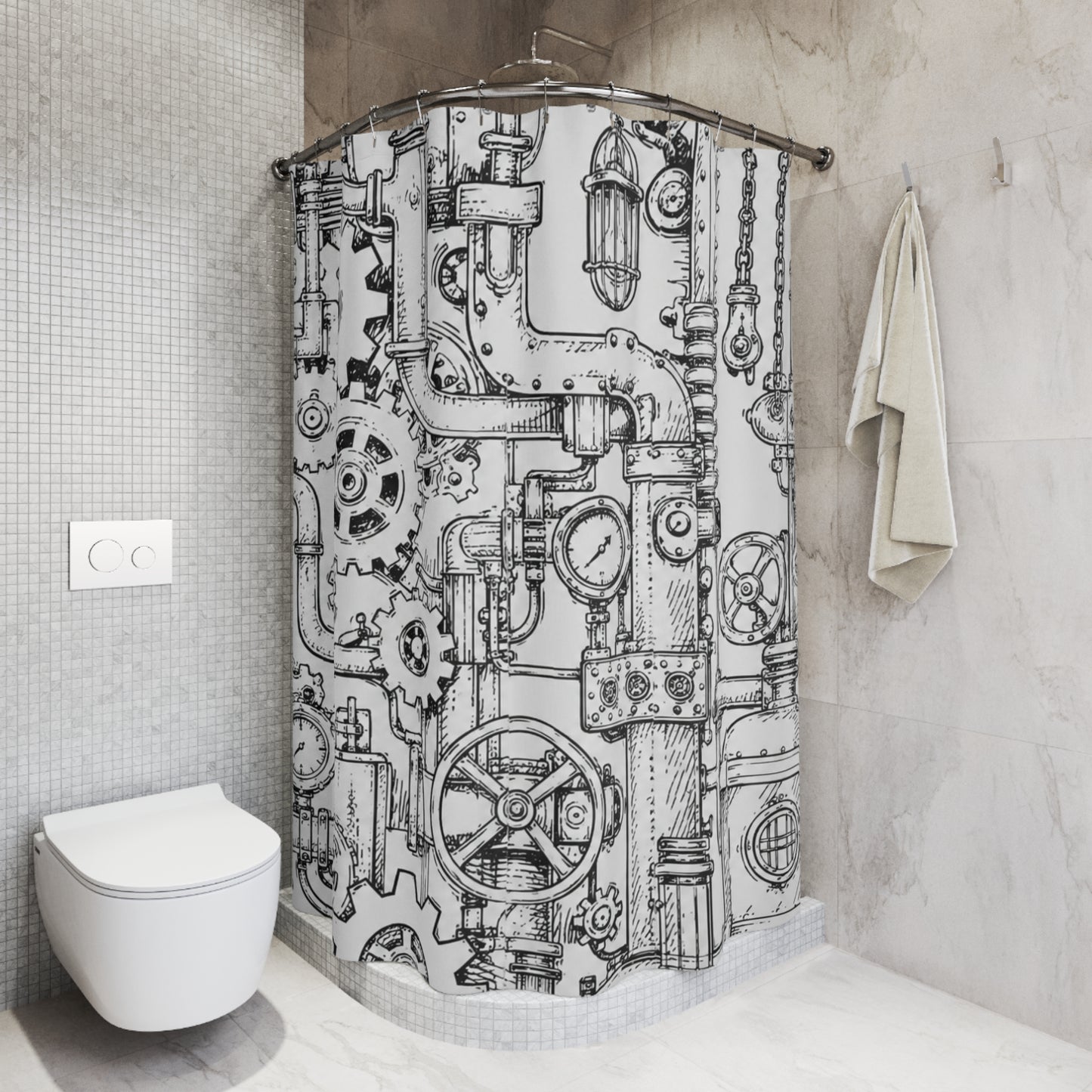 Steampunk Industrial Gear Shower Curtain — Hand-Drawn Pipes & Cogs Bath Décor