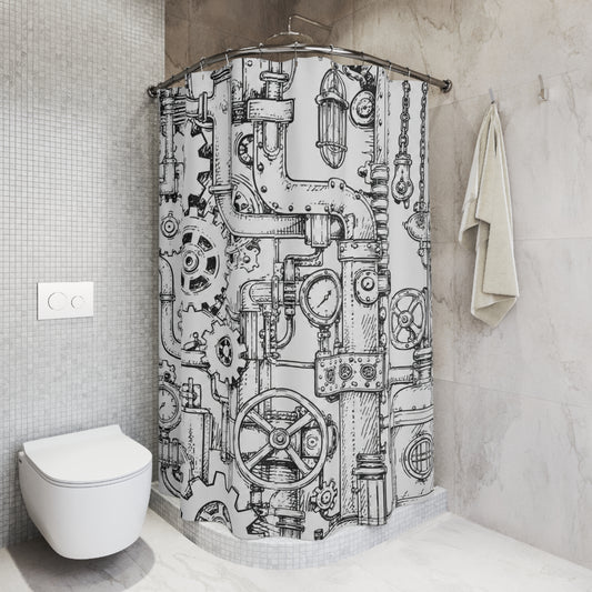 Steampunk Industrial Gear Shower Curtain — Hand-Drawn Pipes & Cogs Bath Décor