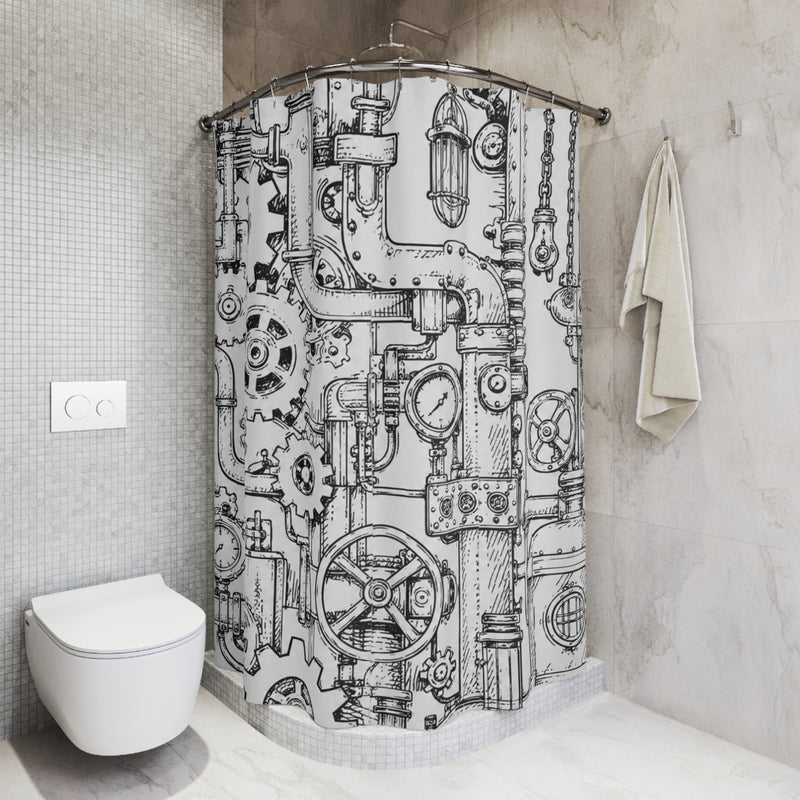 Steampunk Industrial Gear Shower Curtain — Hand-Drawn Pipes & Cogs Bath Décor