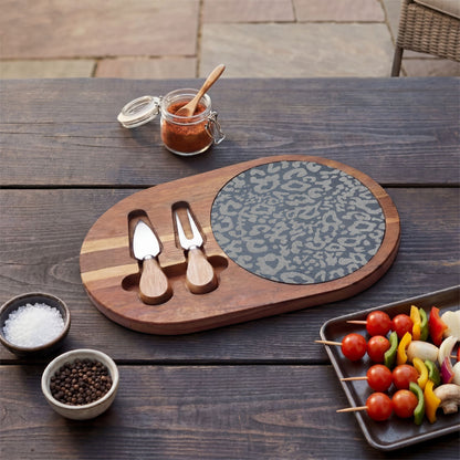 Engraved Leopard Slate Charcuterie Board with Cheese Knife Set