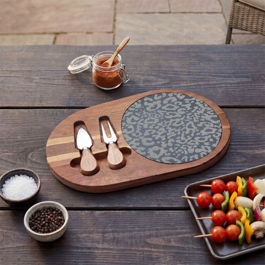 Engraved Leopard Slate Charcuterie Board with Cheese Knife Set