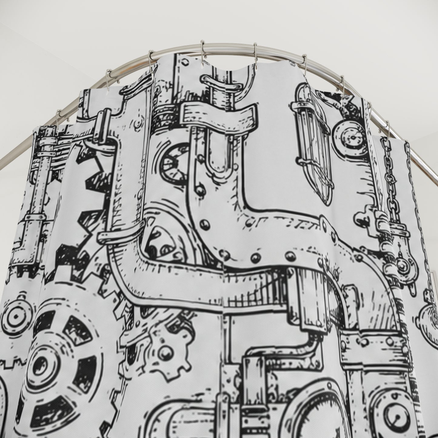 Steampunk Industrial Gear Shower Curtain — Hand-Drawn Pipes & Cogs Bath Décor