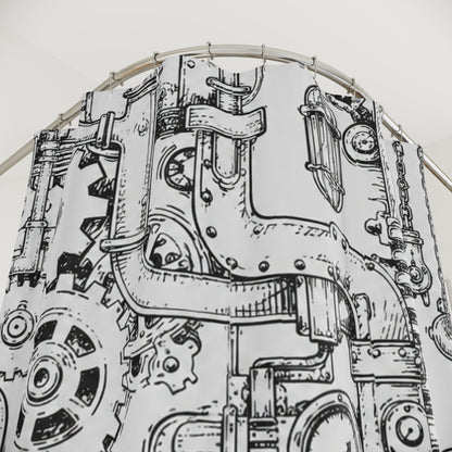Steampunk Industrial Gear Shower Curtain — Hand-Drawn Pipes & Cogs Bath Décor