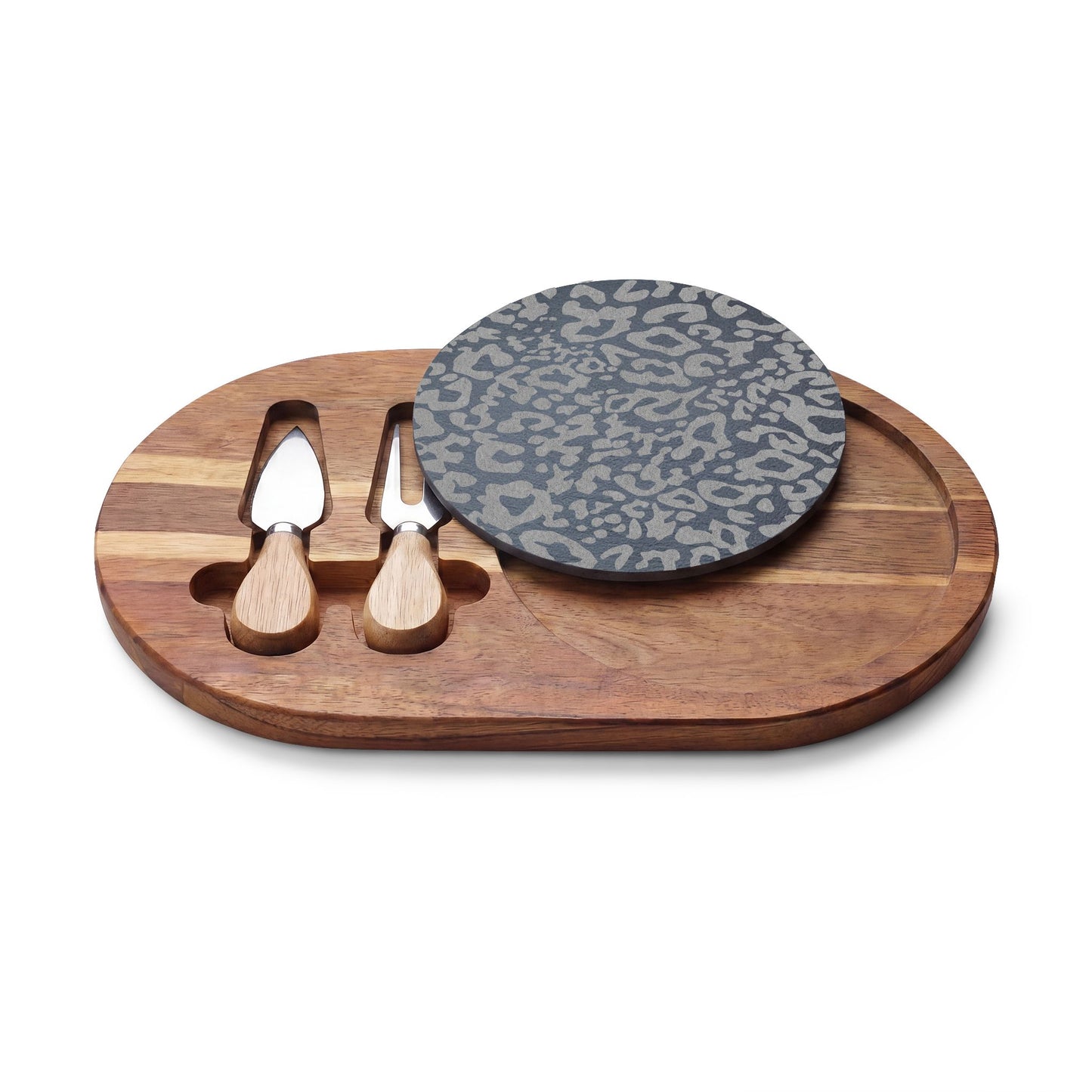 Engraved Leopard Slate Charcuterie Board with Cheese Knife Set