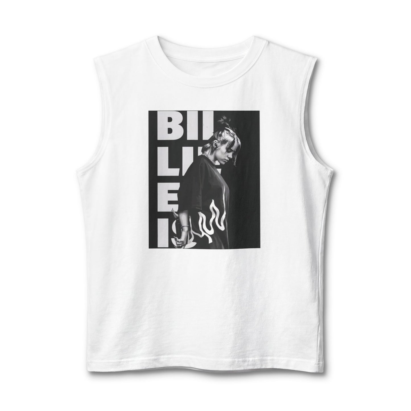 Billy Eilish Graphic Muscle Tank — Black & White Portrait with Flame Accent