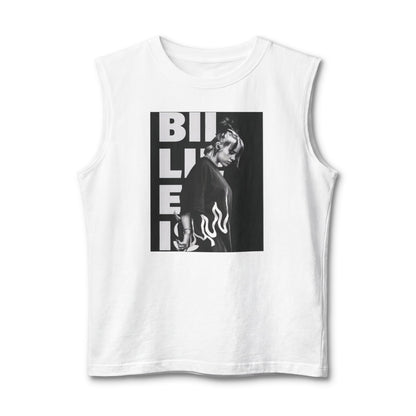 Billy Eilish Graphic Muscle Tank — Black & White Portrait with Flame Accent
