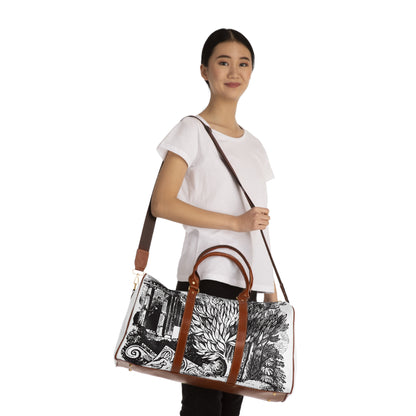 Waterproof Travel Bag — Artistic Vintage Illustration & Abstract Print Duffle