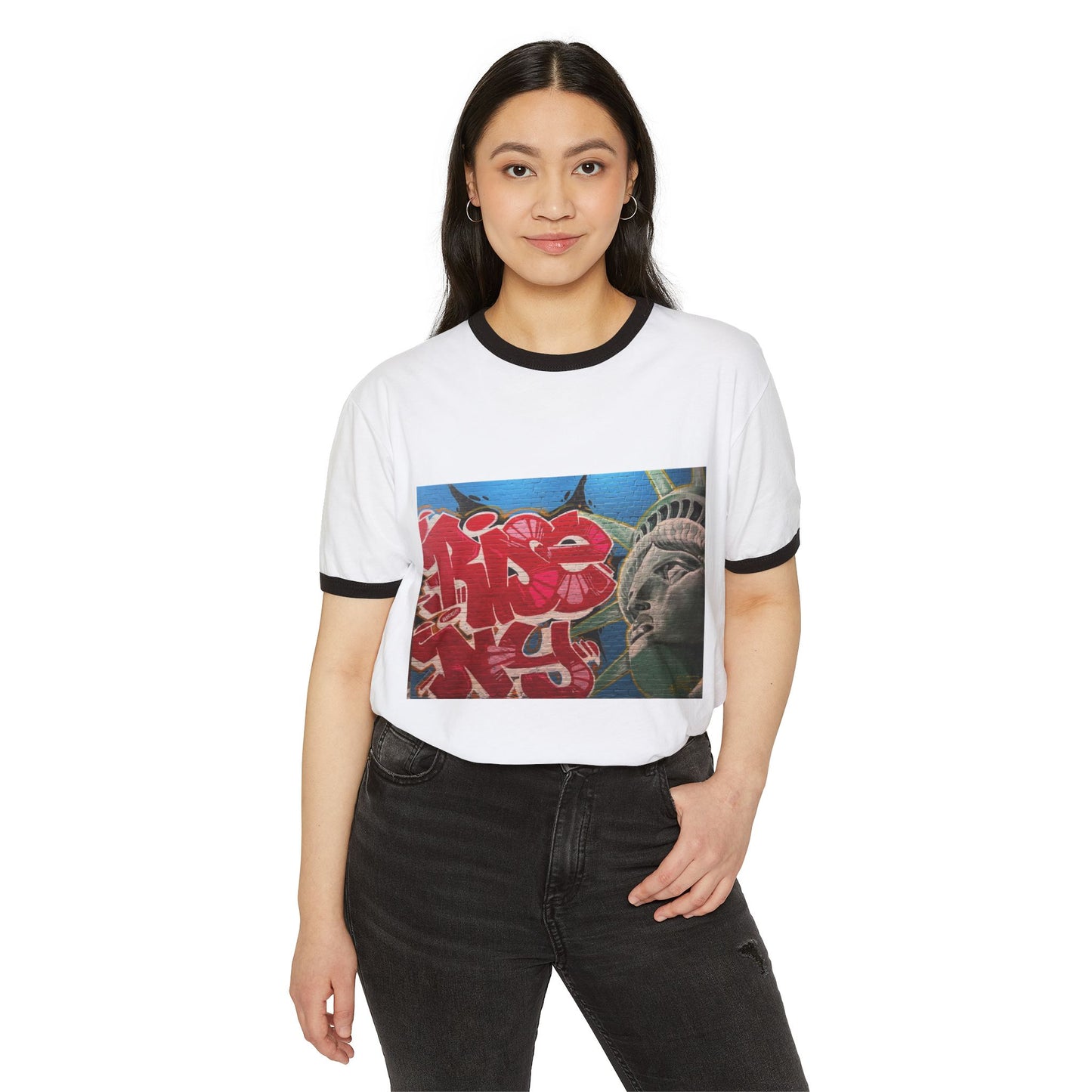 Retro Graffiti Statue of Liberty Ringer Tee
