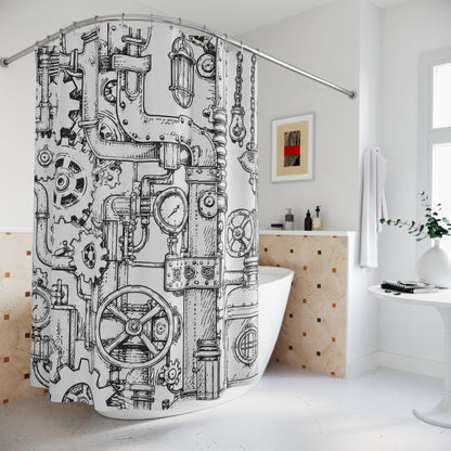 Steampunk Industrial Gear Shower Curtain — Hand-Drawn Pipes & Cogs Bath Décor