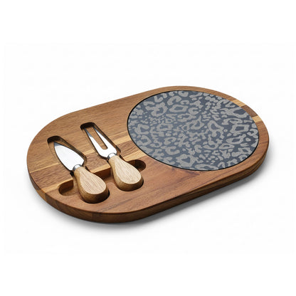 Engraved Leopard Slate Charcuterie Board with Cheese Knife Set