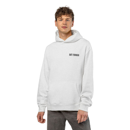 Not Enough Hoodie — Minimalist White Relaxed Hoodie with Small Chest Text